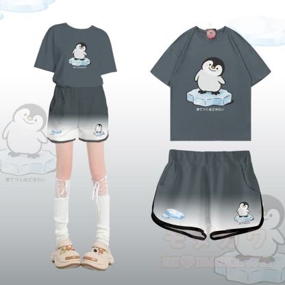 ペンギン柄100%綿Tシャツ グラデーションショーツModakawaツーピースセット - セットB - 5XL - image 2