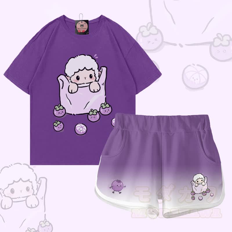 羊柄ブルーベリーグラフィック100%綿Tシャツ グラデーションショーツModakawaツーピースセット - セットB - 5XL - image 2