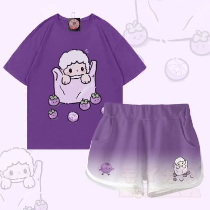 羊柄ブルーベリーグラフィック100%綿Tシャツ グラデーションショーツModakawaツーピースセット - セットB - 5XL - image 2