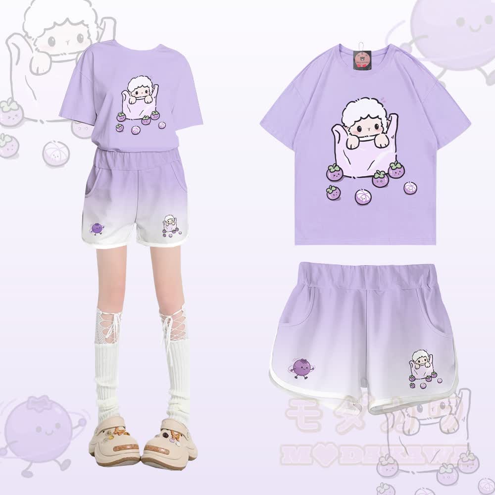 羊柄ブルーベリーグラフィック100%綿Tシャツ グラデーションショーツModakawaツーピースセット - セットA - 5XL - image 1