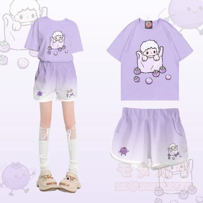 羊柄ブルーベリーグラフィック100%綿Tシャツ グラデーションショーツModakawaツーピースセット - セットA - 5XL - image 1