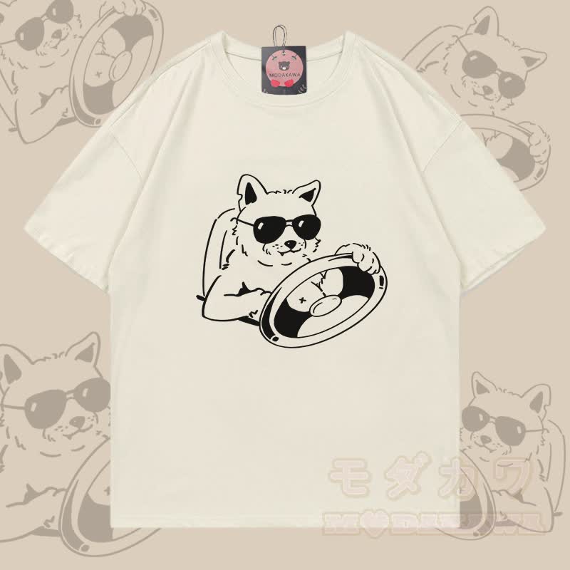 クールな犬が運転するグラフィック入りModakawa 100%綿Tシャツ - ライトベージュ - 5XL - image 1
