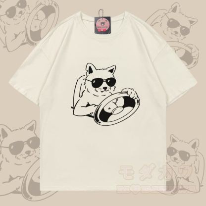 クールな犬が運転するグラフィック入りModakawa 100%綿Tシャツ - ライトベージュ - 5XL - image 1