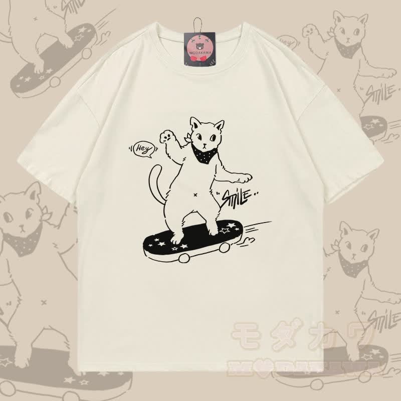 スケートボード猫グラフィックModakawa綿100% Tシャツ - ライトベージュ - 5XL - image 2