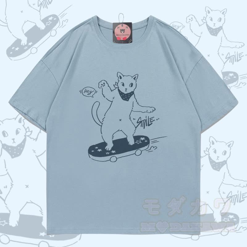 スケートボード猫グラフィックModakawa綿100% Tシャツ - ライトグレーブルー - 5XL - image 1