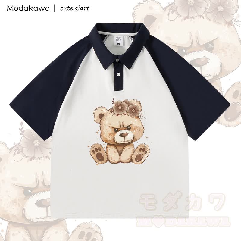 MODAKAWA × cute.aiart クマ柄100%綿ポロシャツ - 白と紫がかった青 - 4XL - image 2