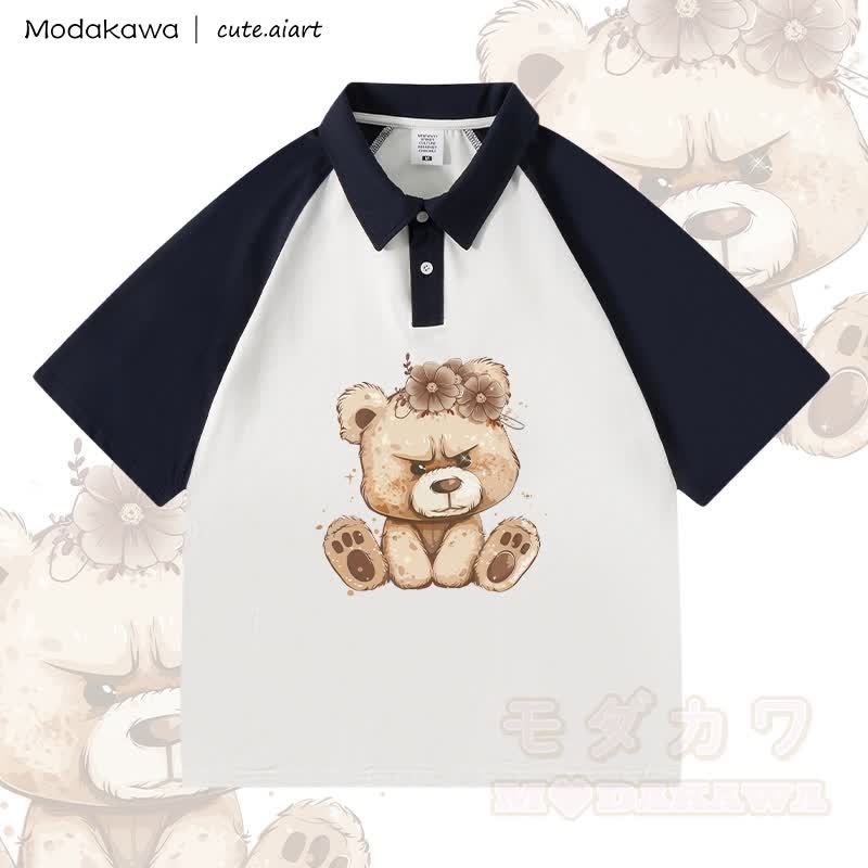 MODAKAWA × cute.aiart クマ柄100%綿ポロシャツ - 白と紫がかった青 - 4XL - image 2