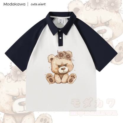 MODAKAWA × cute.aiart クマ柄100%綿ポロシャツ - 白と紫がかった青 - 4XL - image 2