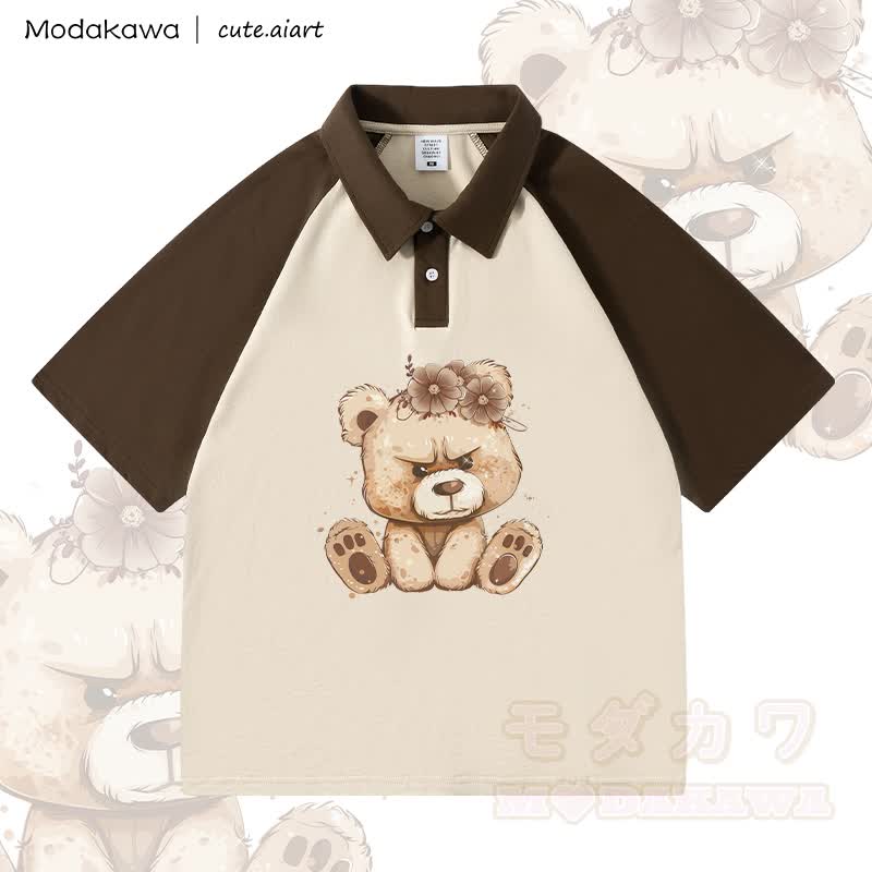 MODAKAWA × cute.aiart クマ柄100%綿ポロシャツ - ブラウン＆アプリコット - 4XL - image 1