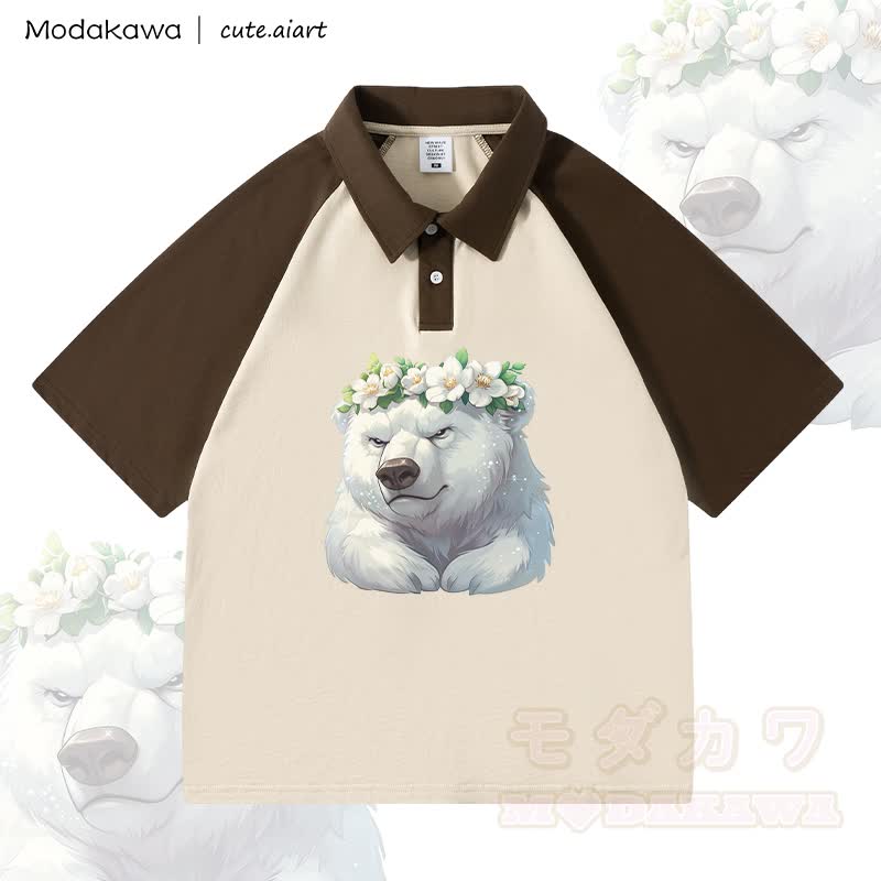 MODAKAWA × cute.aiart 花柄クマ柄100%綿ポロシャツ - ブラウン＆アプリコット - 4XL - image 2