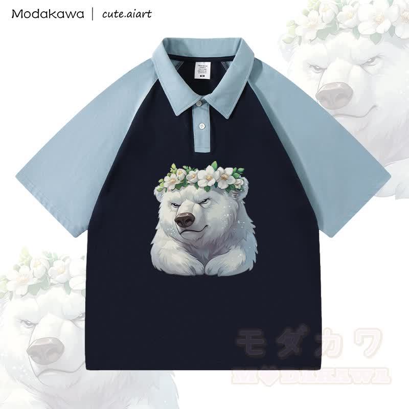 MODAKAWA × cute.aiart 花柄クマ柄100%綿ポロシャツ - 青と紫がかった青 - 4XL - image 1