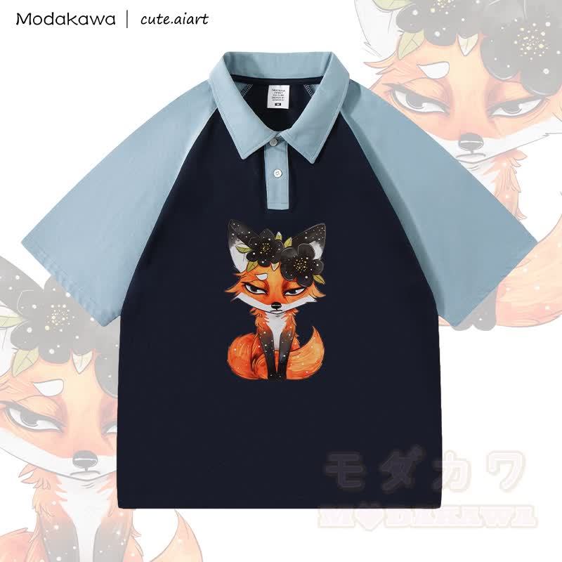 MODAKAWA × cute.aiart 花柄キツネ柄100%綿ポロシャツ - 青と紫がかった青 - 4XL - image 2