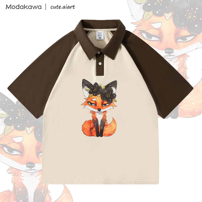 MODAKAWA × cute.aiart 花柄キツネ柄100%綿ポロシャツ - Brown & Apricot - 4XL - image 1