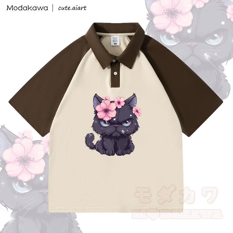 MODAKAWA × cute.aiart 花柄猫グラフィック100%綿ポロシャツ - ブラウン＆アプリコット - 4XL - image 2