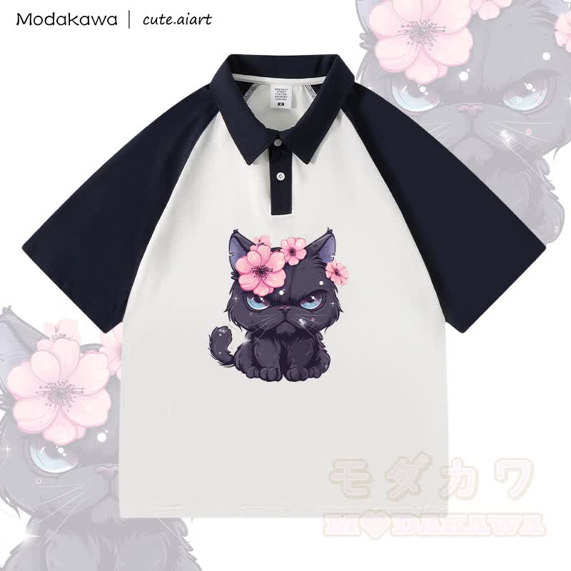MODAKAWA × cute.aiart 花柄猫グラフィック100%綿ポロシャツ - 白と紫がかった青 - 4XL - image 1