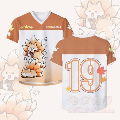 九尾の狐ナンバーグラフィックModakawaヴィンテージメッシュジャージーTシャツ - ホワイト＆オレンジ - 4XL - image 1