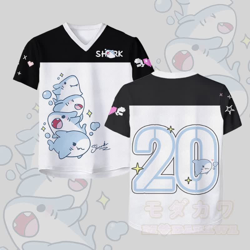 シャークナンバーグラフィックModakawaヴィンテージメッシュジャージーTシャツ - 白と黒 - 4XL - image 2