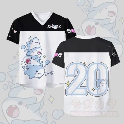 シャークナンバーグラフィックModakawaヴィンテージメッシュジャージーTシャツ - 白と黒 - 4XL - image 2