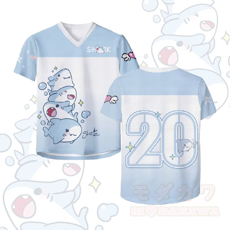 シャークナンバーグラフィックModakawaヴィンテージメッシュジャージーTシャツ - ホワイト＆ブルー - 4XL - image 1