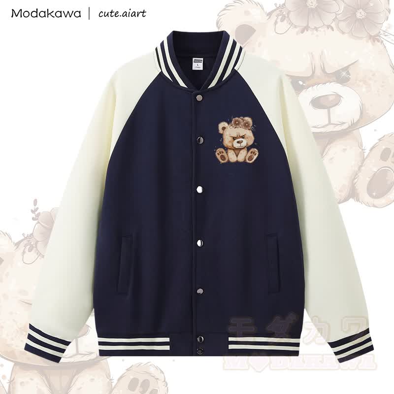 MODAKAWA × cute.aiart クマ柄カラーブロックベースボールジャケット - 紫がかった青とアプリコット - 5XL - image 2