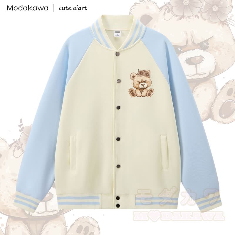 MODAKAWA × cute.aiart クマ柄カラーブロックベースボールジャケット - アプリコット＆ブルー - 5XL - image 1