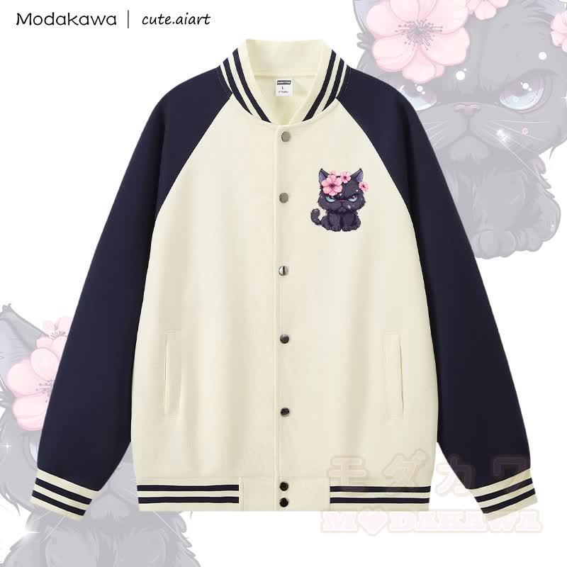 MODAKAWA × cute.aiart 猫グラフィックカラーブロックベースボールジャケット - アプリコット＆紫がかった青 - 5XL - image 2