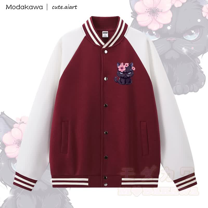 MODAKAWA × cute.aiart 猫グラフィックカラーブロックベースボールジャケット - 赤と白 - 5XL - image 1