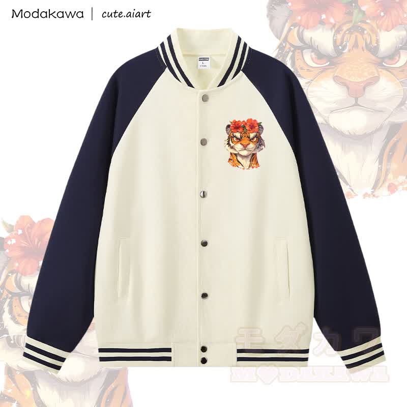 MODAKAWA × cute.aiart タイガーグラフィックカラーブロックベースボールジャケット - アプリコット＆紫がかった青 - 5XL - image 2