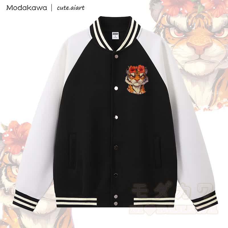 MODAKAWA × cute.aiart タイガーグラフィックカラーブロックベースボールジャケット - 白黒 - 5XL - image 1