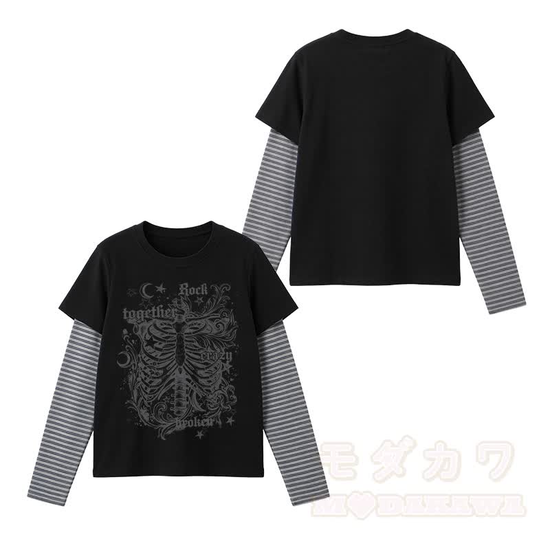スケルトンゴシックグラフィックModakawaヴィンテージレイヤード長袖トップス - 黒 - 3XL - image 2