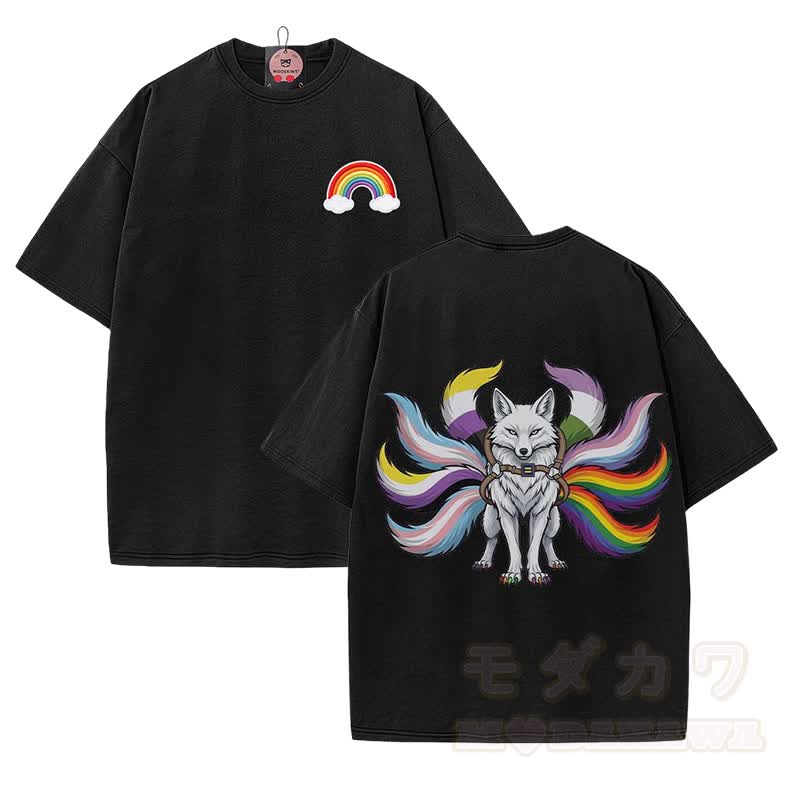 レインボー九尾狐グラフィックModakawaヴィンテージウォッシュ加工 綿100% T綿 - 黒 - 5XL - image 1