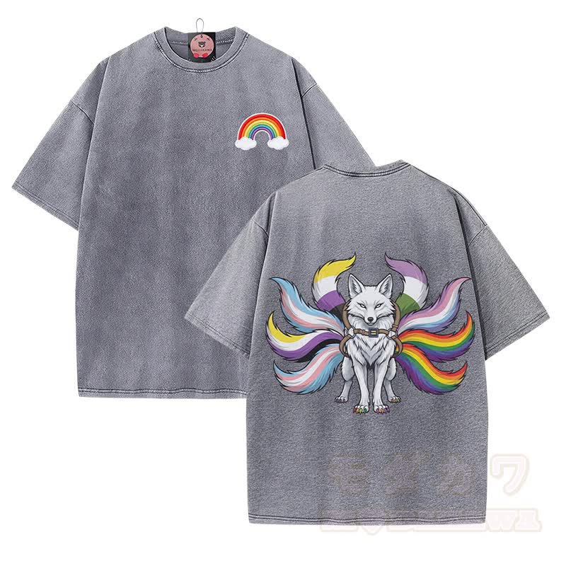 レインボー九尾狐グラフィックModakawaヴィンテージウォッシュ加工 綿100% T綿 - グレー - 5XL - image 2