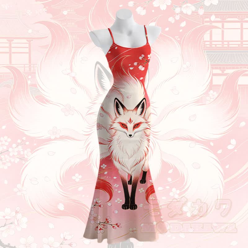 九尾の狐グラフィック入りModakawaスパゲッティストラップ マキシマーメイドドレス - 赤 - 5XL - image 2