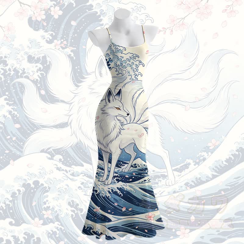 Wave Nine Tailed Fox Graphic Modakawaスパゲッティストラップ マキシマーメイドドレス - 青と白 - 5XL - image 2