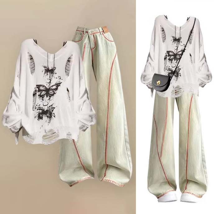 ダメージ加工の蝶柄トップスとワイドレッグデニムパンツのセットアップ - セット - 3XL - image 1