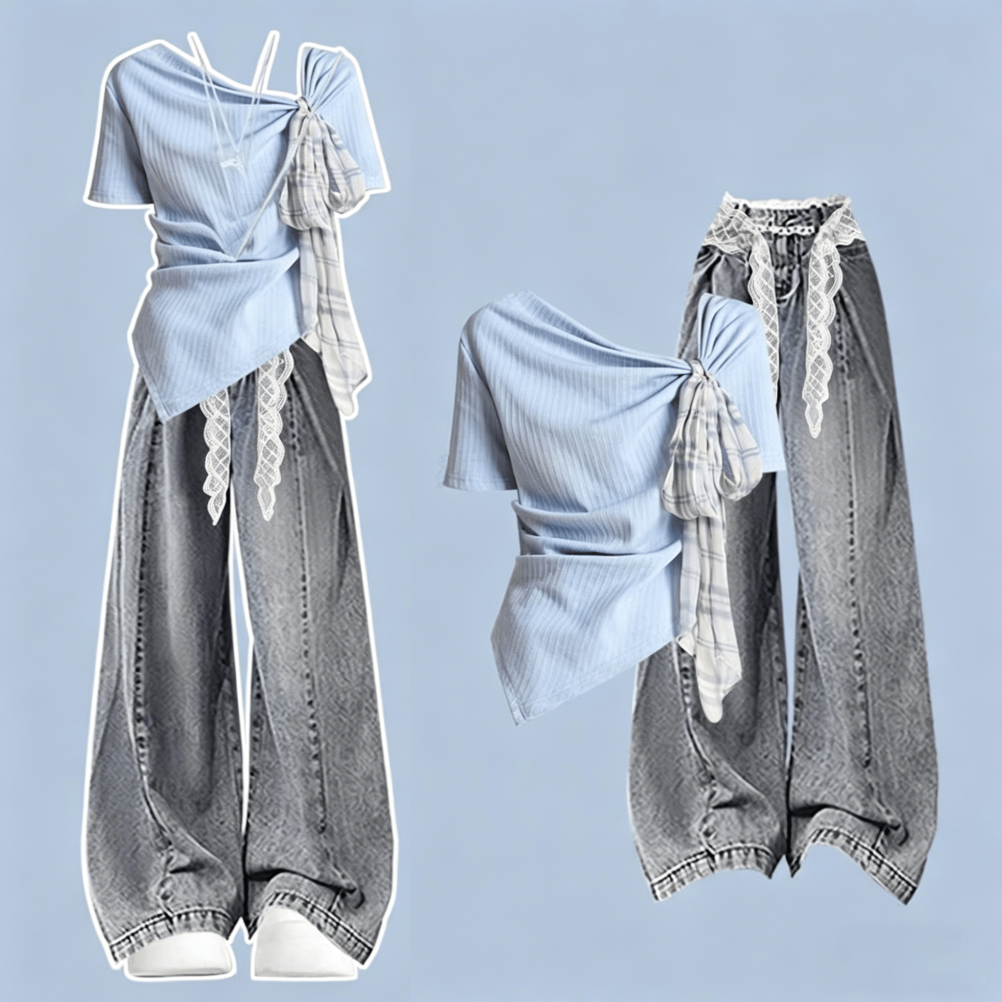不規則なトップレースのワイドレッグデニムパンツ ツーピースセット - セット - L - image 1