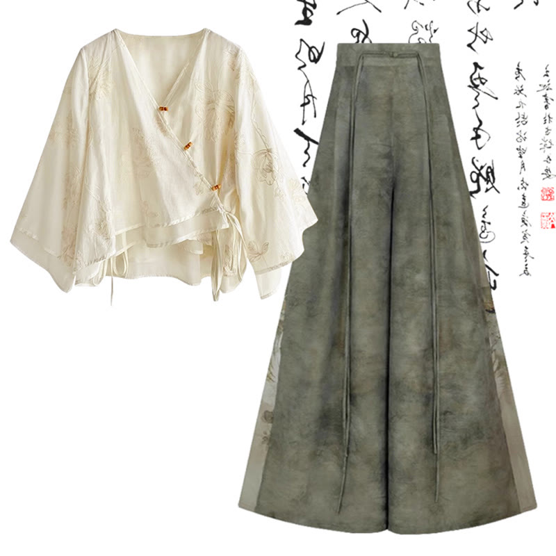 ヴィンテージバックルシャツ ワイドレッグパンツ - V-neck Shirt+Pants - XL - image 2