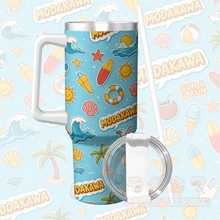 海のグラフィック柄Modakawaハンドルとストロー付きステンレス製断熱タンブラー - 青 - 40オンス / 1200ml - image 2