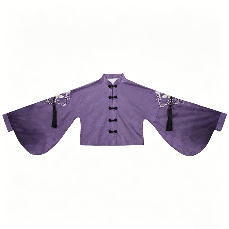 蝶の刺繍入りベスト、紫のベルスリーブトップス、黒のショートパンツ、ネックレス - Top【Single】 - XL - image 2
