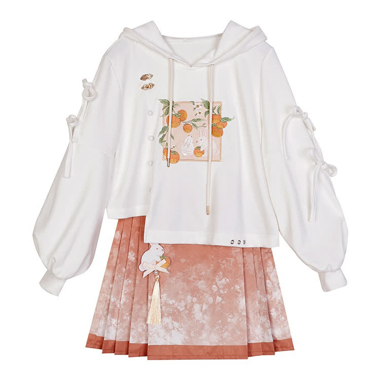 オレンジ色のうさぎ柄パーカーとピンクのプリーツミニスカート - Set【Hoodie+Skirt】 - L - image 1