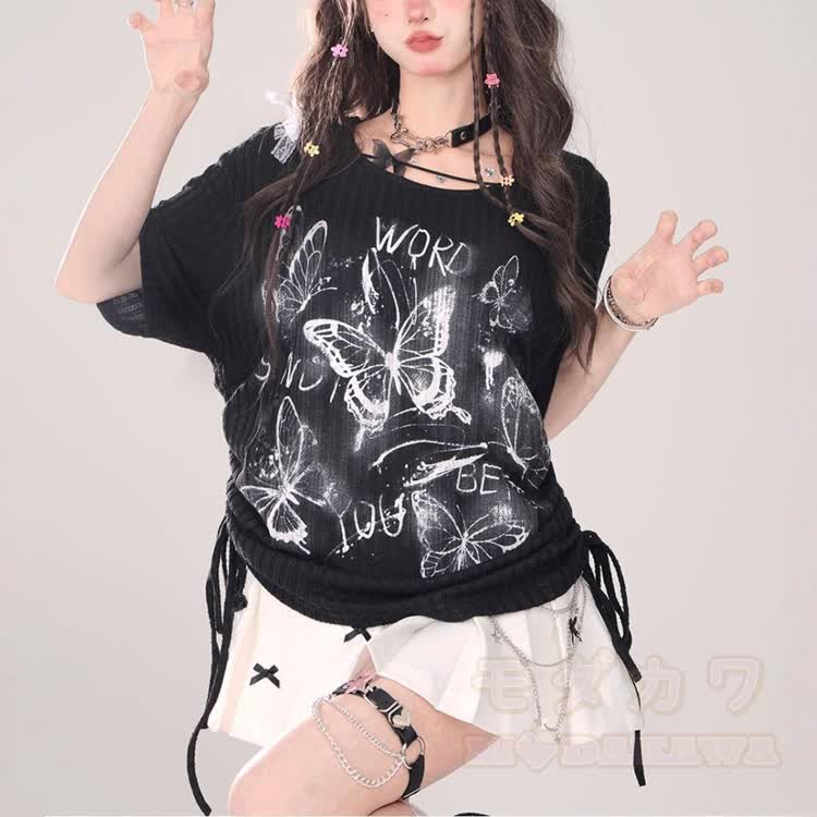 Y2KバタフライグラフィックのオーバーサイズTシャツとチェック柄の不規則なミニスカート - Tシャツ【単品】 - XL - image 2