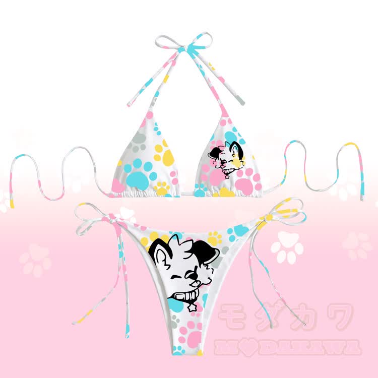 MODAKAWA × popipeko 子犬の足跡プリント レディース水着タイビキニセット - 白 - 4XL - image 2