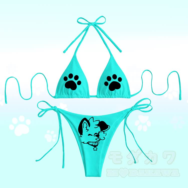 MODAKAWA × popipeko 舌出し子犬の足跡グラフィック レディース水着タイビキニセット - 青 - 4XL - image 2