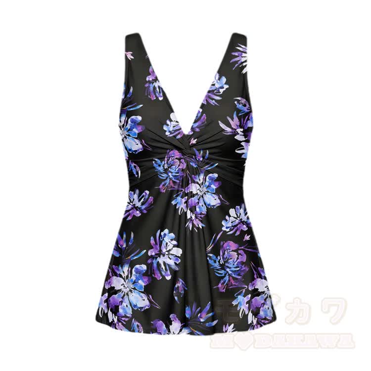 パープルの花柄Vネックワンピース水着 - 黒 - 5XL - image 2