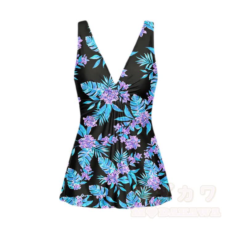 トロピカルフローラルリーフプリントVネックワンピース水着 - 黒 - 5XL - image 2