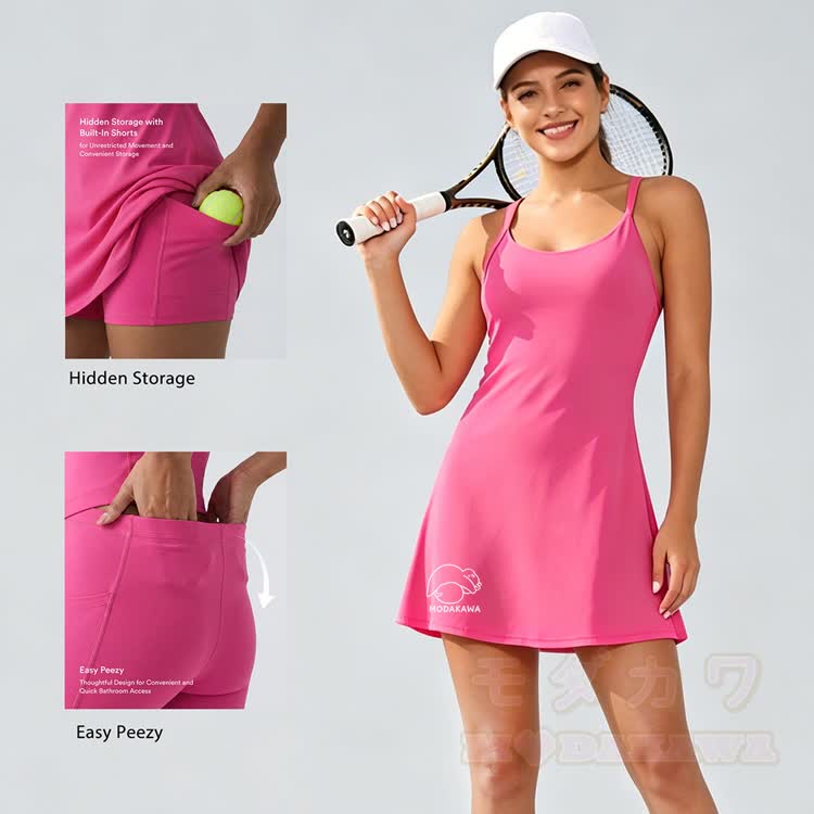 Laying Kitty グラフィックModakawaグラデーション ノースリーブ ワークアウト テニスドレス 隠しポケット付き ショートパンツ - image 1