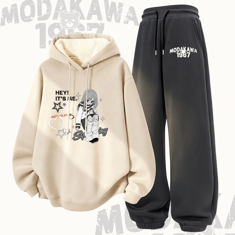 MODAKAWA HEY! IT'S ME ガールグラフィック 厚手裏起毛 パーカー パンツ 2点セット - Apricot&Dark Grey - 5XL - image 3