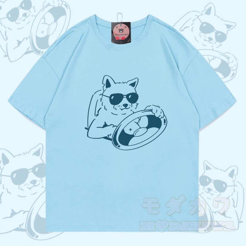 クールな犬が運転するグラフィック入りModakawa 100%綿Tシャツ - スカイブルー - 5XL - image 3