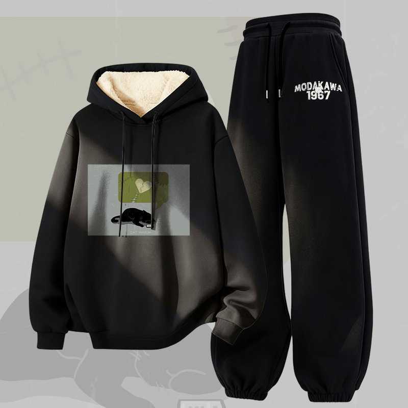 MODAKAWA サイレントハートキャットグラフィック 厚手裏起毛パーカーパンツ 2点セット - Black - 5XL - image 4
