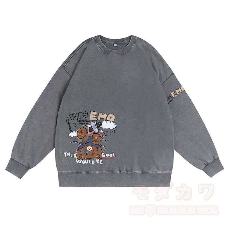 MODAKAWA I WAS EMO 逆さまクマ グラフィック ユニセックス ヴィンテージ ウォッシュド スウェットシャツ - グレー - 3XL - image 5